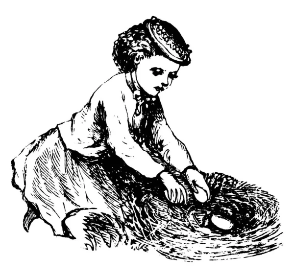 伝統的なキャップを身に着けている小さな女の子は巣を見つけ それの横に座って 巣から2つの卵を選ぶ ヴィンテージライン図面や彫刻イラスト — ストックベクタ