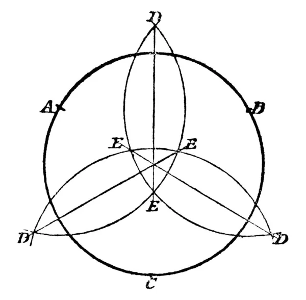 如果给出三个圆点 那么我们可以用指南针 老式线条绘图或雕刻图来构造圆周 — 图库矢量图片