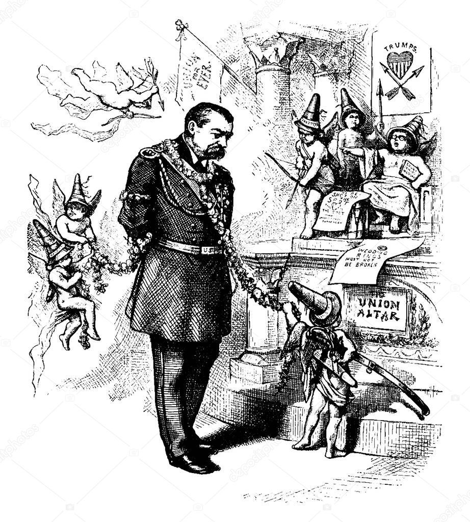 Nast's cartoon depicting General Phil Sheridan's, he was a Union general in the American Civil War., vintage line drawing or engraving illustration.