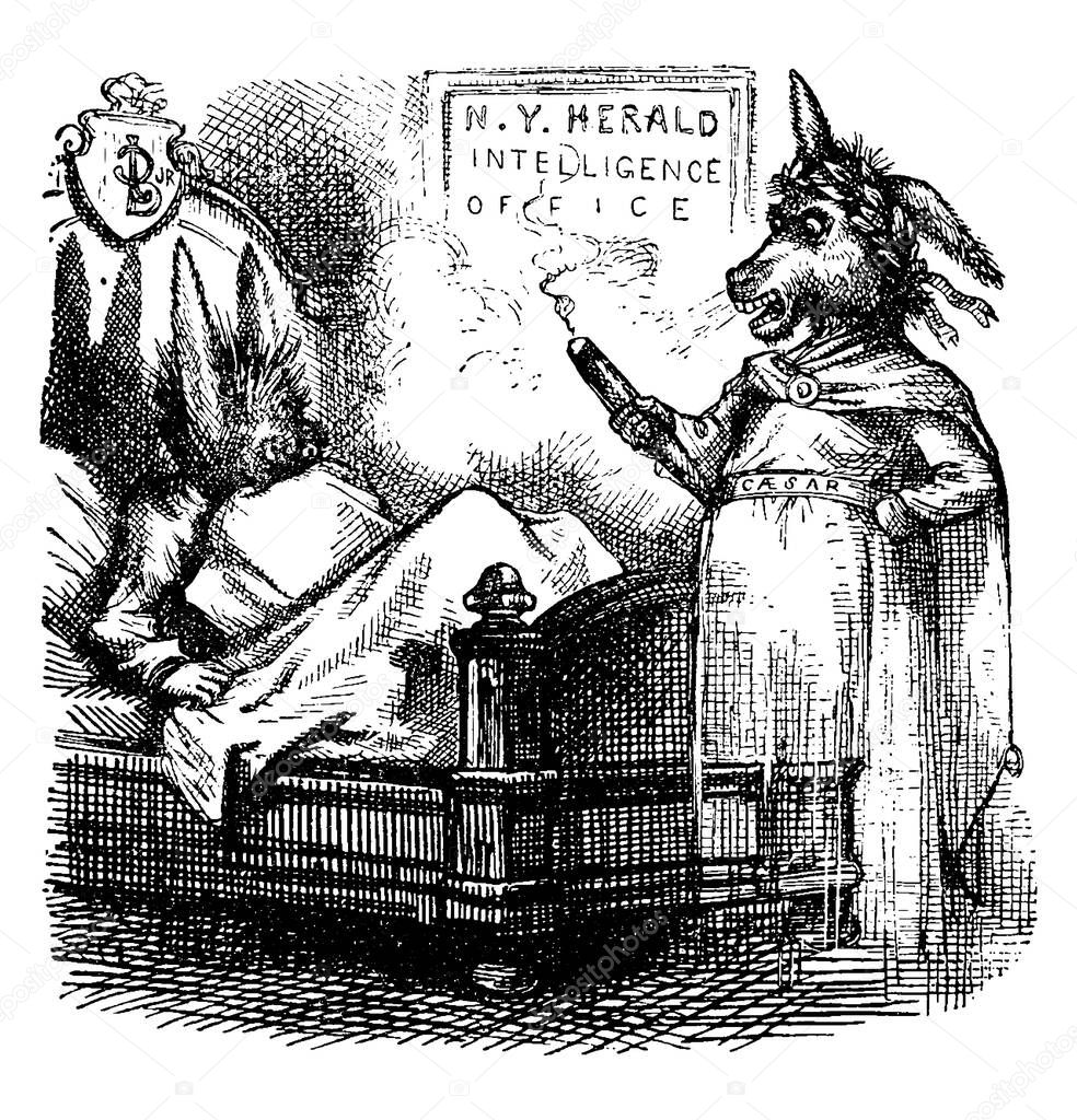 Nast's cartoon donkey head human body depicting Grant's Caesarism (Standing) appears to Bennett (lying in a bed), vintage line drawing or engraving illustration.
