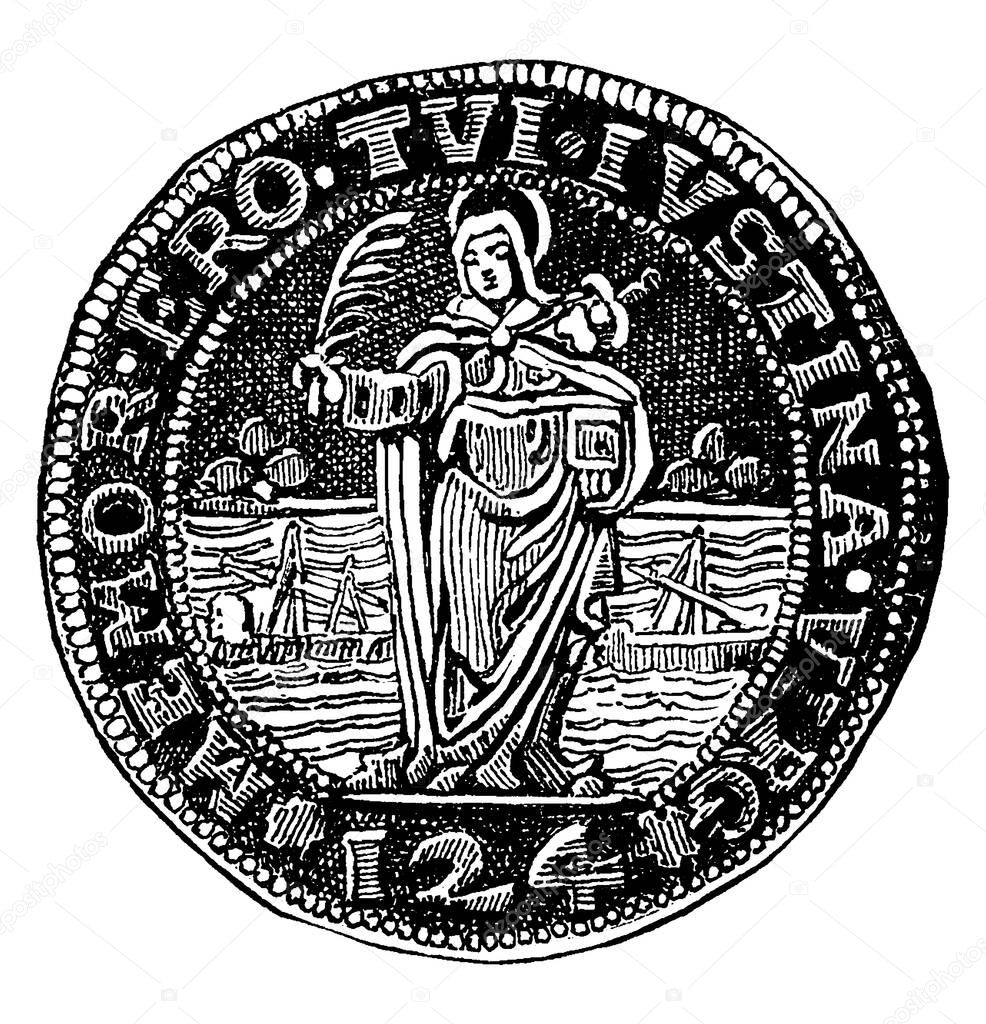 The reverse side of a ducatoon, a silver coin, struck by Antonio Priuli, Doge of Venice A.D. 1618-1623, vintage line drawing or engraving illustration.
