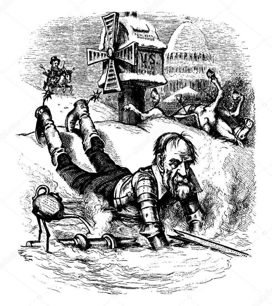 This cartoon caricature by Thomas Nast depicts Abraham Hewitt as Don Quixote fell down from the horse, vintage line drawing or engraving illustration.