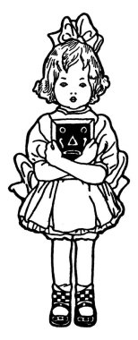 Kapağında karikatür resmi olan bir kitaba sarılan küçük bir kız ve etrafında deniz yaşamı, klasik çizimler ya da kabartma resimler..