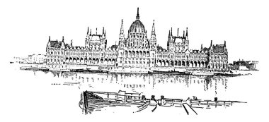 Budapeşte, Macaristan 'daki parlamento binası, klasik çizgi çizimi veya gravür illüstrasyonu.