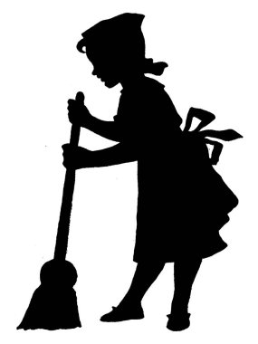 Uzun saplı fırçayla yerleri temizleyen kız, klasik çizim ya da gravür çizimi.