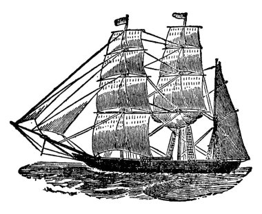 Denizde giden bir gemi, eski bir çizim ya da gravür..