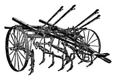 Çift sıra kürek işleyicisinin iki büyük tekerleği ve çoklu bıçakları, klasik çizgi çizimi veya gravür çizimi vardır..