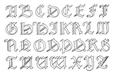 Görüntü eski Alman harflerini gösteriyor, Alman alfabesi burada gösteriliyor. Tüm alfabeler Almanca yazı tipi, klasik çizim veya gravür, klasik illüstrasyon ile gösterilir..