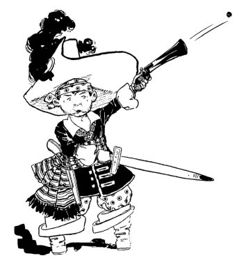 Belinde bez olan ve silahlarla oynayan süslü elbiseli küçük bir çocuk. Klasik çizim ya da gravür. 