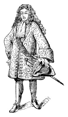 Kıvırcık ve uzun saçlı, Fransız kostümlü, tasarımlı ve elinde bir şapka tutan bir adam, 1696 yılında Fransa 'nın en ünlü şahsiyetleri, klasik çizim ya da resim çizimi.