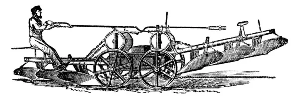 Segador Operando Arado Que Tiene Dos Marcos Hierro Fuertes Equilibrados — Archivo Imágenes Vectoriales