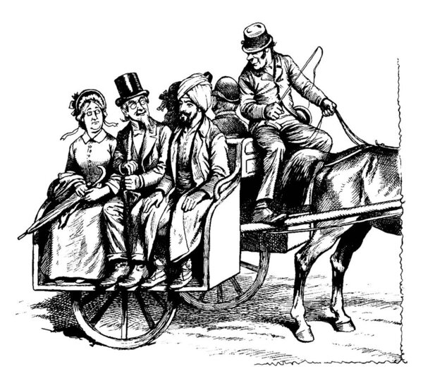 sketch showing people seated back to back on jaunting car. Jaunting car is a light two-wheeled carriage for a single horse and very popular in Ireland, vintage line drawing or engraving illustration.