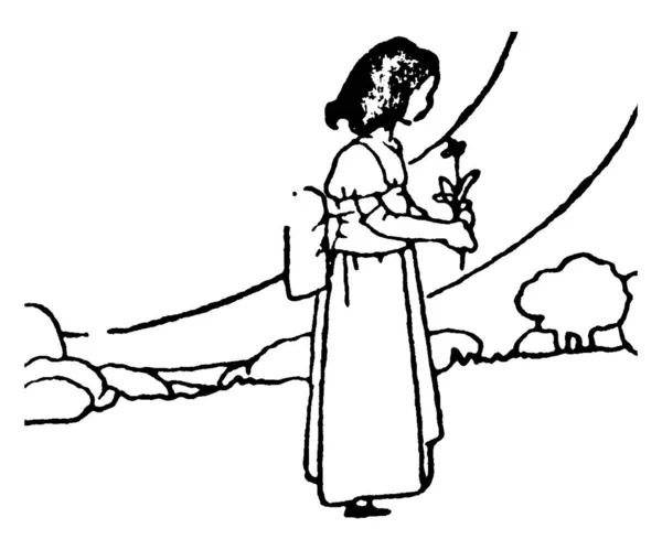 Типичное Изображение Маленькой Девочки Рюкзаком Держащей Цветок Смотрящей Деревья Время — стоковый вектор