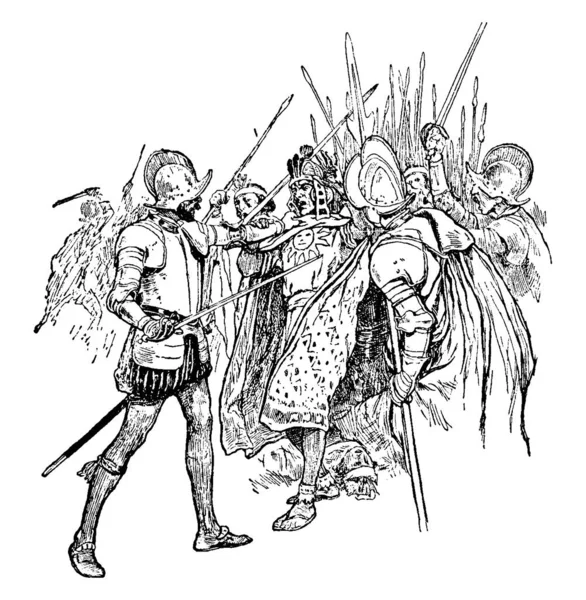 Группа Солдат Писарро Испания Seizeyhe Инков Винтажные Линии Рисунок Гравировка — стоковый вектор