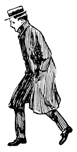 Obraz Przedstawia Mężczyznę Ubranego Płaszcz Kapelusz Lekko Pochylonego Ziemi Chodzącego — Wektor stockowy