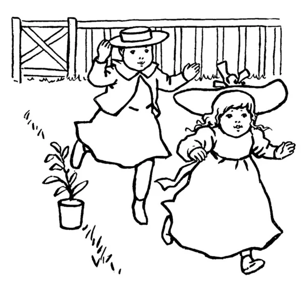 Uma Menina Pequena Está Perseguindo Outra Menina Pequena Uma Fazenda —  Vetores de Stock