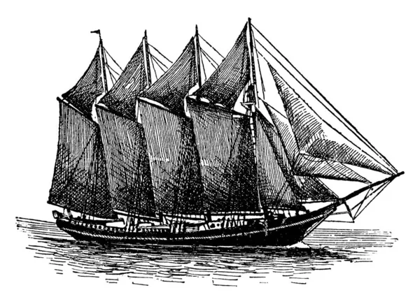 四桅帆船一种四桅帆船 一种使用前后帆 老式线条绘图或刻字图解的帆船 — 图库矢量图片