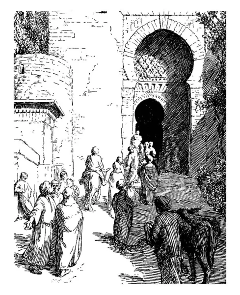 Scène Histoire Alhambra Représente Peu Hommes Chevauchant Sur Des Ânes — Image vectorielle