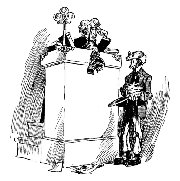 Kreskówka Pokazująca Sędziego Siedzącego Wysoko Prokuratora Poniżej Rysunek Linii Vintage — Wektor stockowy