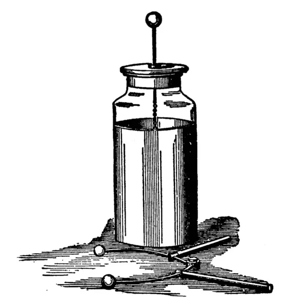 ヴィンテージライン図面や彫刻イラストで満たされたボトルの半分に想定される電気流体を収集するために行われたレイデン瓶と放電 — ストックベクタ