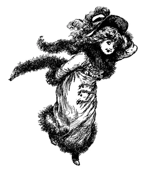 Девушка Длинными Лисицами Шее Шляпе Цветочным Дизайном Рисунком Винтажной Линии — стоковый вектор