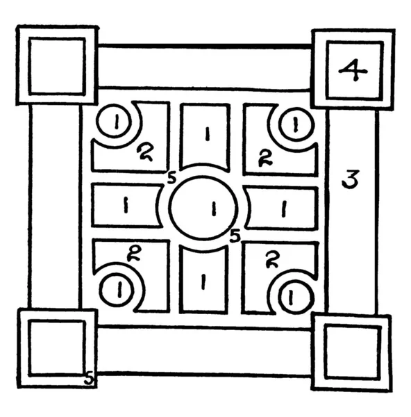 意大利风格的床上用品 四角有四个正方形 中间只有一个正方形 有复古线条或雕刻插图 — 图库矢量图片