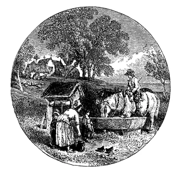图为一匹马在井边的水槽里喝水 一位老妇人正在照看小鸡和小孩 给他们画老旧的线条或雕刻插图 — 图库矢量图片