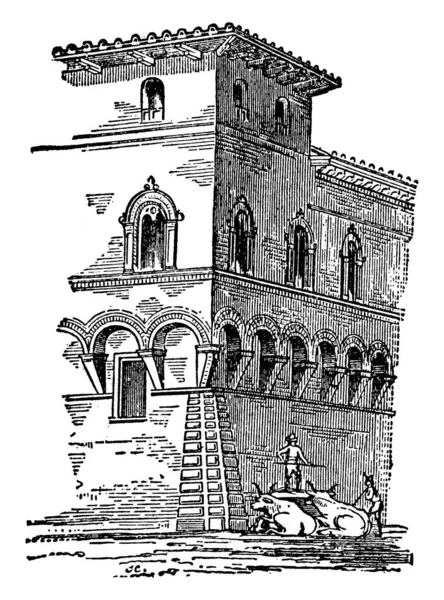 Representa Palacio Bolonia Con Pocos Hombres Animales Frente Una Las — Vector de stock