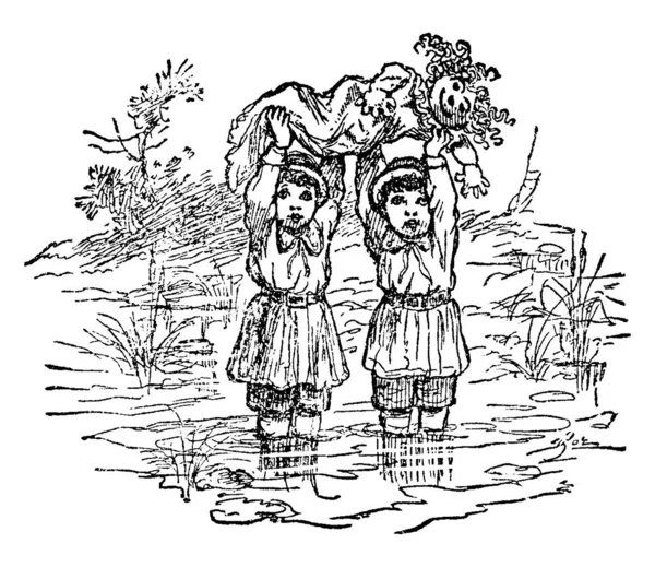 Δύο Μικρά Κορίτσια Στέκονται Μια Μικρή Λιμνούλα Προσπαθώντας Προστατεύσουν Την — Διανυσματικό Αρχείο