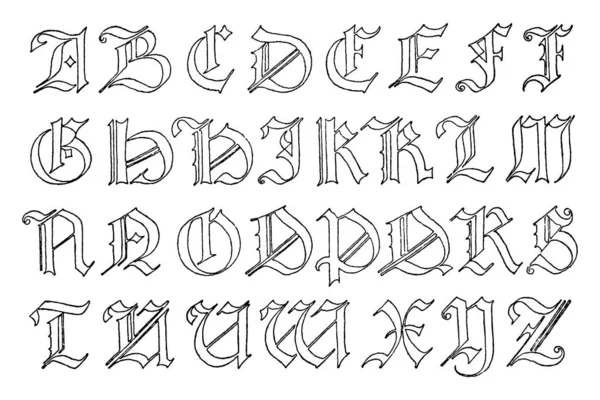 图上显示的是古德语字母 德语字母显示在这里 所有字母均以德文字体 复古线条或雕刻 复古插图显示 — 图库矢量图片