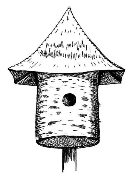 Una Casa Uccelli Corteccia Betulla Linea Vintage Disegno Incisione Illustrazione — Vettoriale Stock