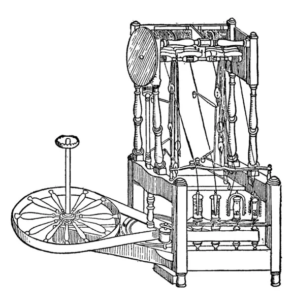 Spinning Machine Produces Stronger Thread Spinning Jenny Vintage Line Drawing — Stock Vector