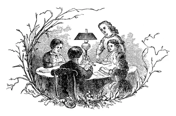 ダイニングテーブルに座って食べ物のメニューを読む子供たちの肖像画 — ストックベクタ