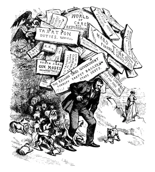 ユリシーズ グラント大統領に政府と犬の荷を運ぶ漫画は彼に吠えている ヴィンテージラインの図面や彫刻イラスト — ストックベクタ