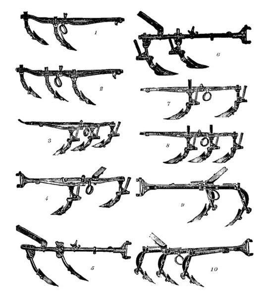 Изображение Показывающее Различные Типы Культиваторов Рисунок Винтажных Линий Гравировку — стоковый вектор