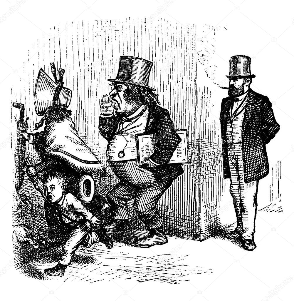 Grant was accused by Senator Sumner in 1872 of practicing nepotism while President. Sumner's accusation was not an overstatement., vintage line drawing or engraving illustration. 