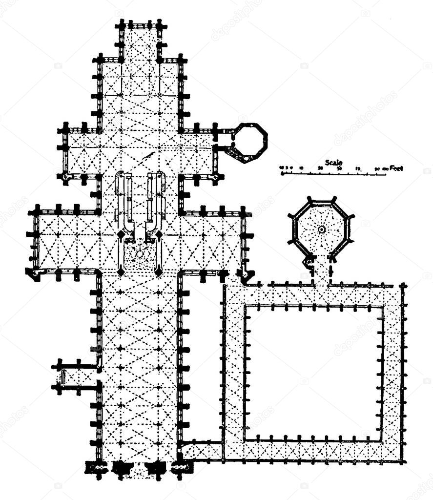 An illustration of the floor plan of Salisbury Cathedral, vintage line drawing or engraving illustration.