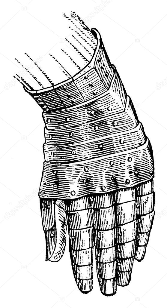 Gauntlet of Plate are plate armour, and they can be made from any metal lump used for protection of arms., vintage line drawing or engraving illustration. 