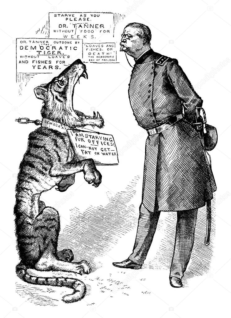 Cartoon by Thomas Nast depicting General Hancock chained Tiger (Republican Party) during the 1880 Presidential Elections, vintage line drawing or engraving illustration.