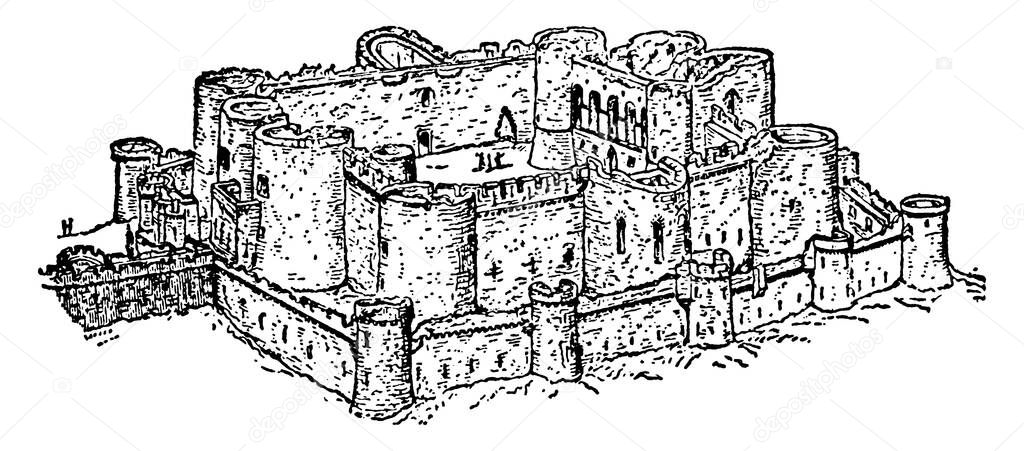 Beaumaris Castle, located in Beaumaris, Anglesey, is the most architecturally perfect castle in Britain, vintage line drawing or engraving illustration.