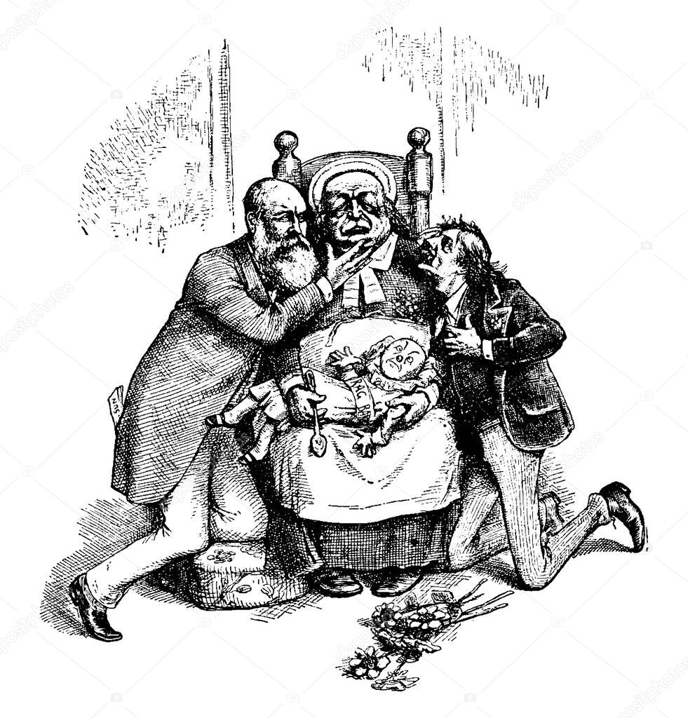 Fat man sitting on a chair holding Rag Baby and spoon, two men are kneeling beside the fat man, vintage line drawing or engraving illustration.