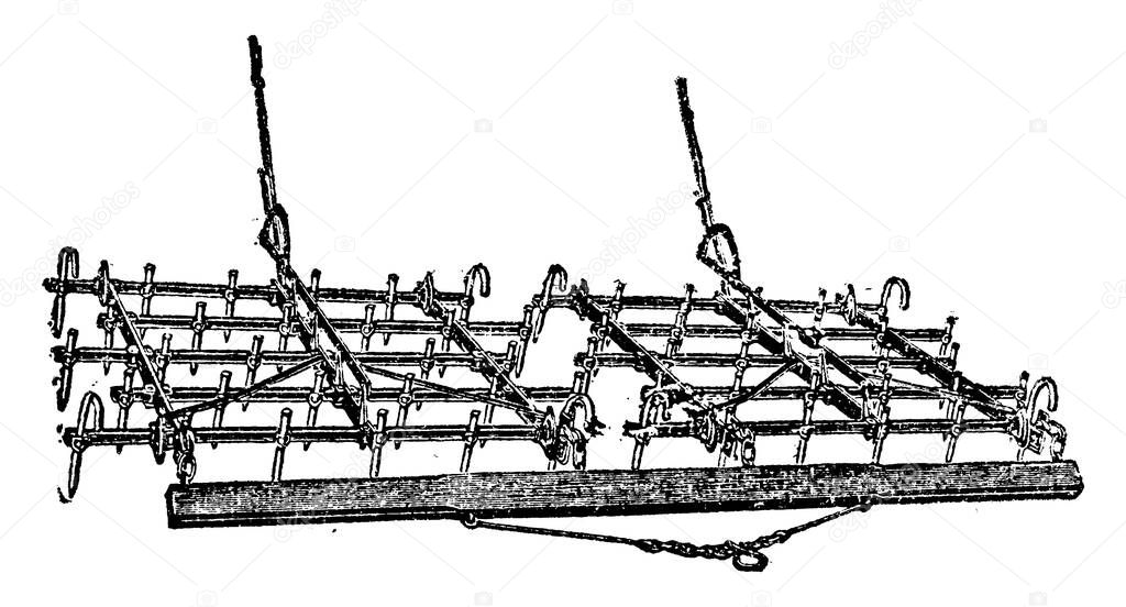 Harrow with multiple metal teeth use to pulverize the soil, vintage line drawing or engraving illustration.
