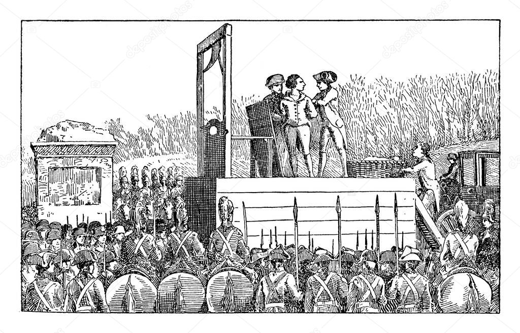 Portrait in which soldiers surrounding a hanging stage , vintage line drawing or engraving illustration.