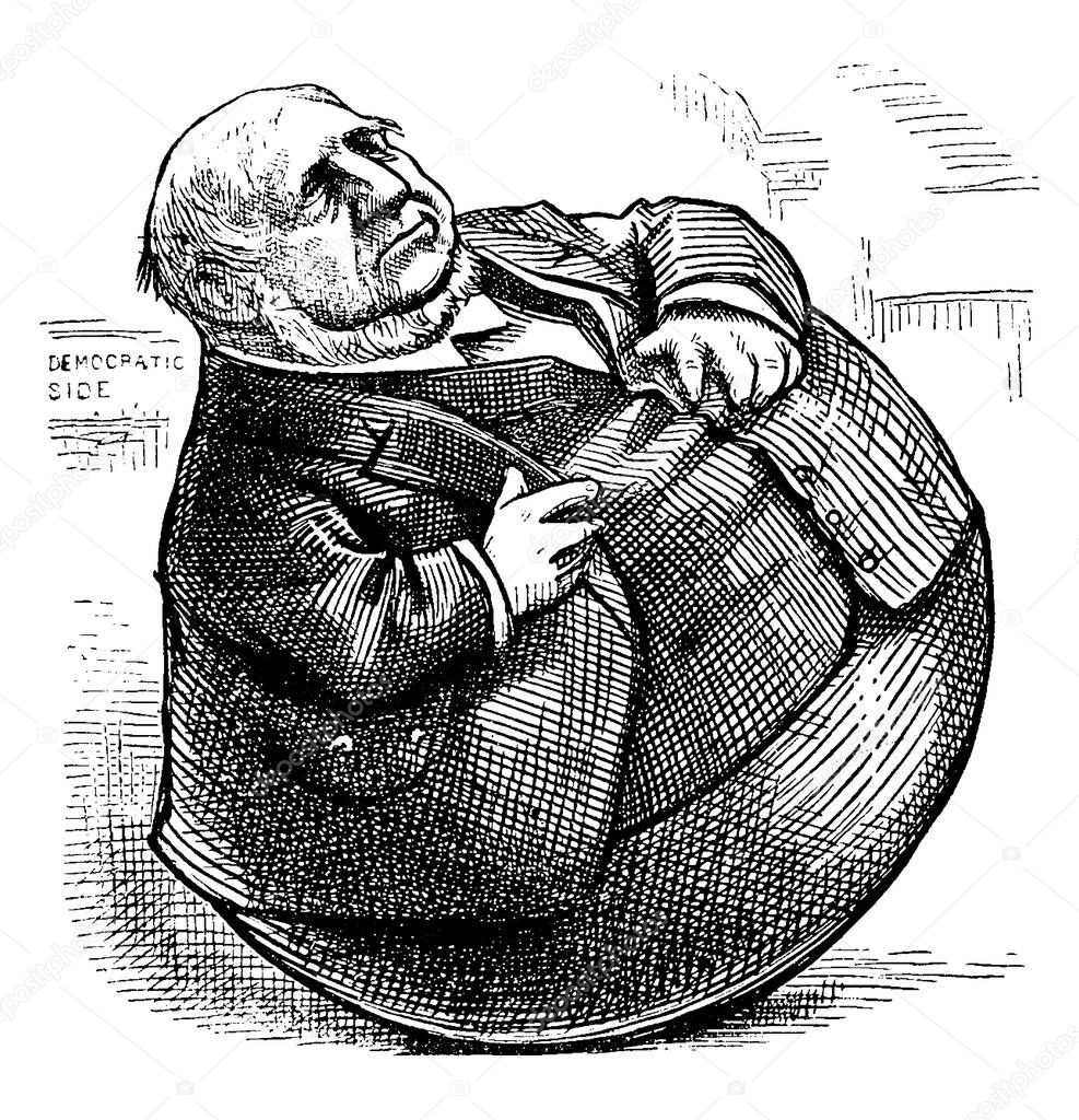 Cartoon of Senator David Davis as round spherical ball, he was a United States Senator from Illinois, vintage line drawing or engraving illustration.