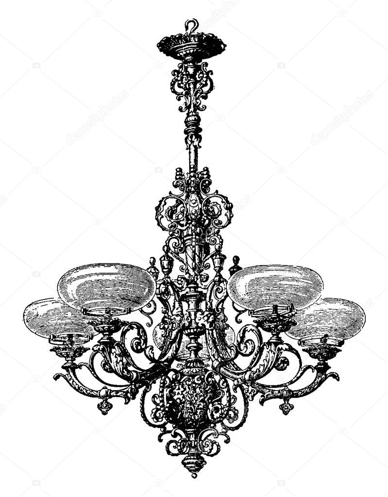 A typical representation of a bronze German candelabra that is large branched and holds many lamps, vintage line drawing or engraving illustration.