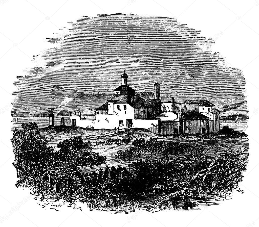 Convent of Santa Maria La Rabida is a Franciscan building occupied by friars in the southern Spanish town of Palos de la Frontera, vintage line drawing or engraving illustration.