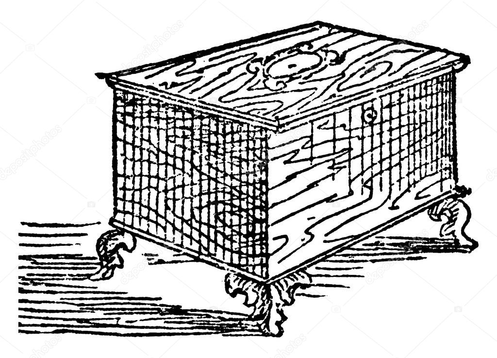 A typical representation of a chest, a box of wood or other material, in which articles are deposited, vintage line drawing or engraving illustration 
