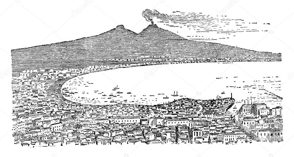 Portrait of Mount Vesuvius emitting smoke from it at Bay of Naples, vintage line drawing or engraving illustration.