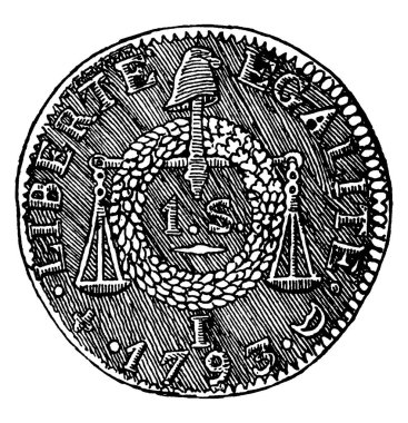 1793 yılından kalma bir Fransız Sou resmi. Üzerinde bazı yazılı çizgiler var. Üzerinde bir meşe çelengi, eski çelenk ya da kabartma çizimi var. 