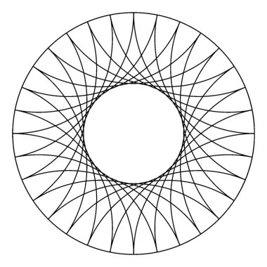 Çemberin içindeki kavislerin büyüklüğü, dairenin iki noktasını birleştirir. Daha büyük çemberin içinde dairesel şekil oluşturur. Klasik çizgi çizimi ya da oyma çizimi..